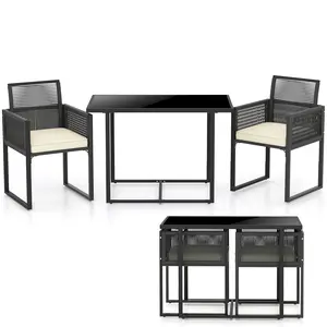 COSTWAY - 3 Pieces Patio Tempered Glass Top Table and Chairs Set for Porch Backyard-White