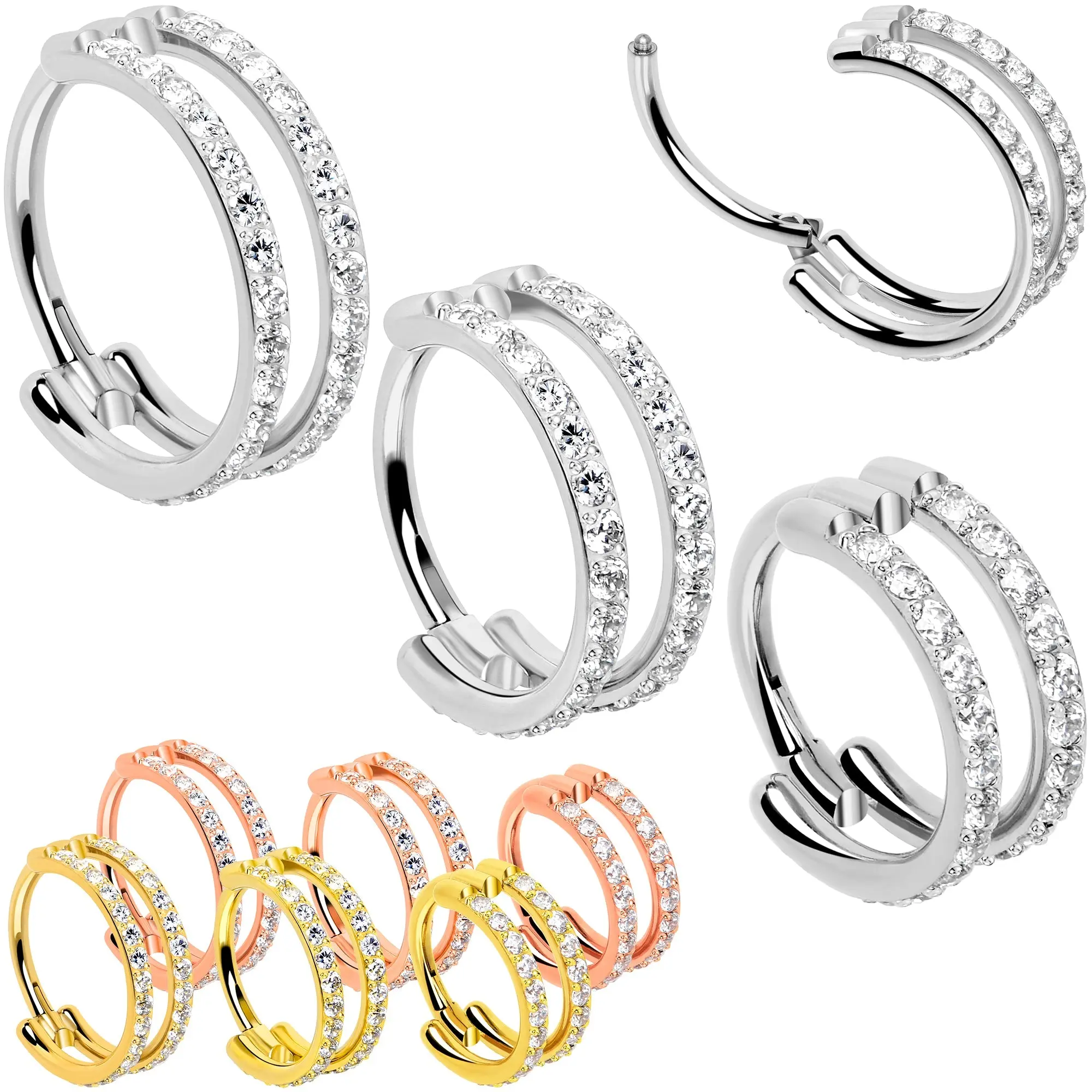 18G Double Row Micro Gem Implant Grade Titanium Hinged Double Hoop Nose Ring