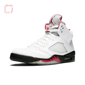 White Leather Upper High-Top Retro Basketball Shoes with Black Midsole and Red Sawtooth Pattern Details
