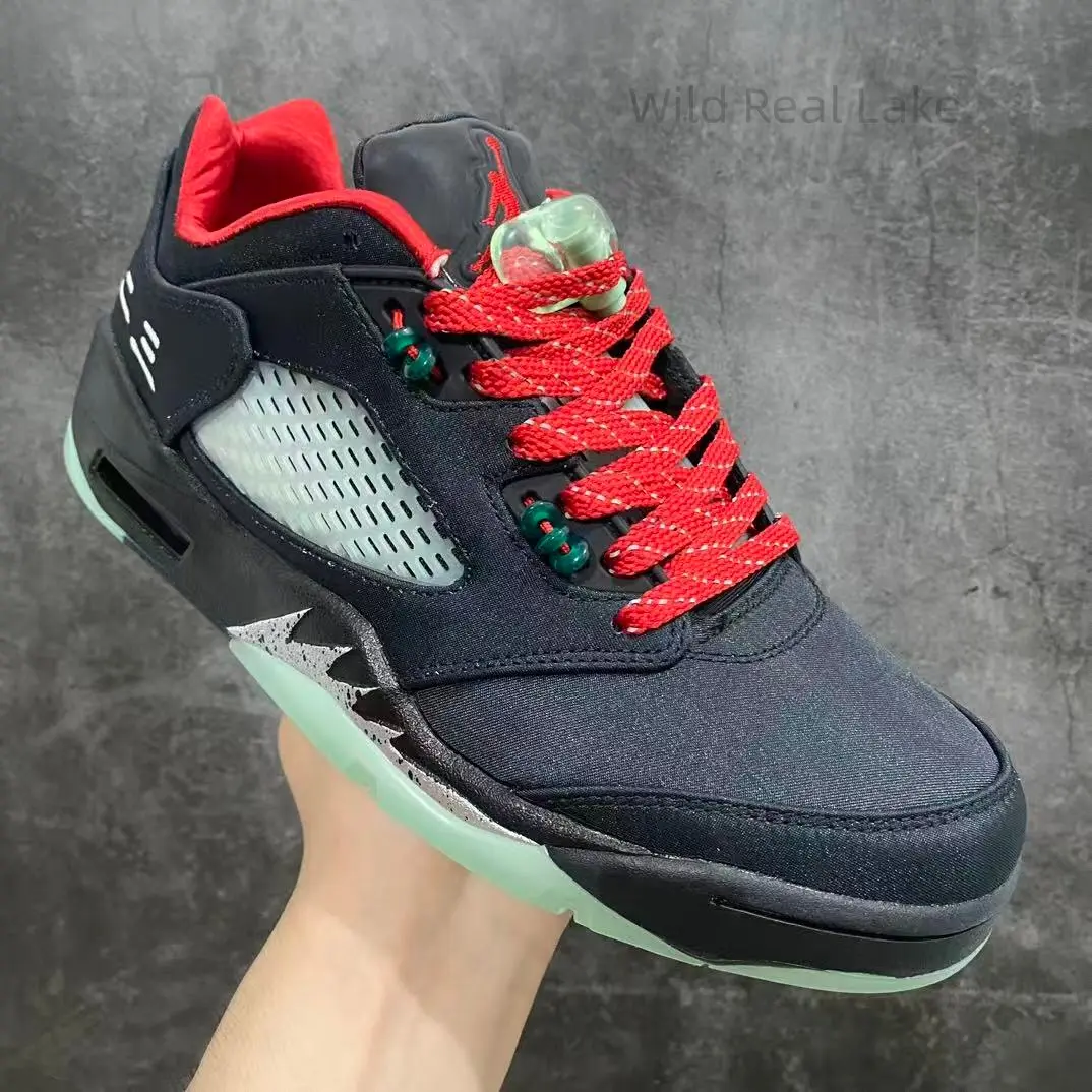 Vintage Dark Woven Fabric High Top Basketball Sneakers, Bright Red Text Laces, Hollow Breathable Mesh Insert & Frosted Transparent Mint Green Shock Cushion Outsole, Bold Two-Tone Unisex Street Trainers For Hip Hop & Skate Culture Outfits