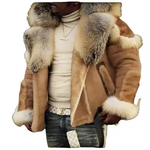 Men's Tan Faux Fur Hooded Longsleeves Jacket - Large Collar, Plain Fabric, Warm Stylish Menswear Winter Coat for Cozy Casual Streetwear Jeans