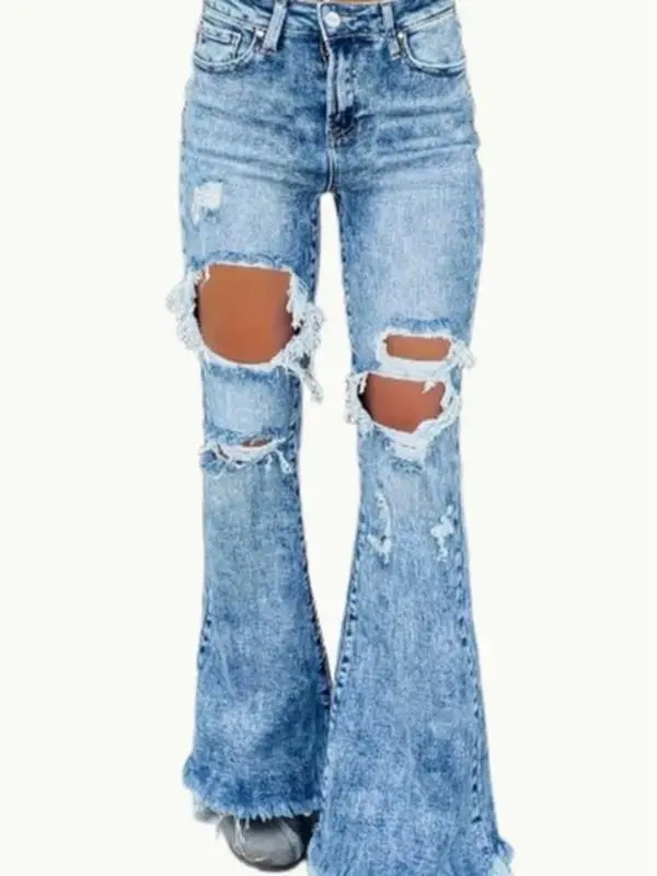 Blue Frayed Trim Flare Jeans, Bell Bottom Distressed High Waist Slim Fit Denim Pants, Women's Denim Jeans & Clothing