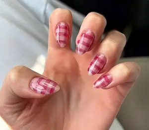 Pink Gingham Press-On False Nails, Handmade Custom Nail Art Decorations for Beauty & Personal Care