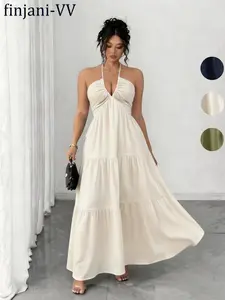 Plus Size Women's Halter Backless Elegant Dress, Deep V Neck Maxi Dress, Summer Vacation Strapless Dress, Beach Date, Party Wear