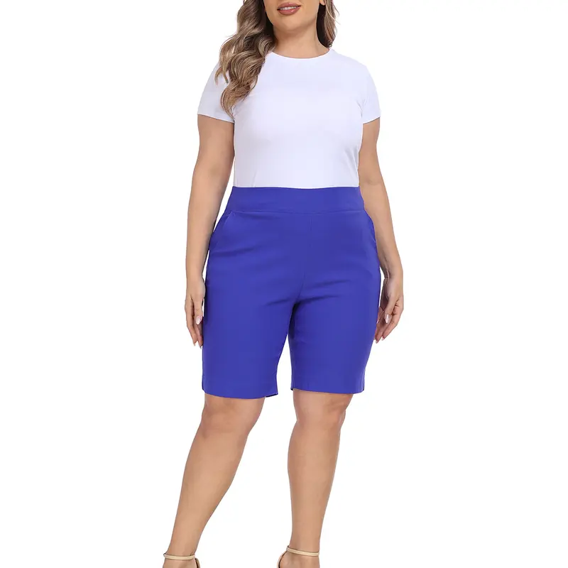 HDE Women’s Plus Size Bermuda Shorts - 10” Inseam, Stretchy Spandex, Elastic Waist, Slim Plain Black Knee-Length Elegant Bottoms with Pockets, Casual, Curvy, Extended, Extra Large Sizes 1X,2X,4X, Bottom, Plus Size Shorts