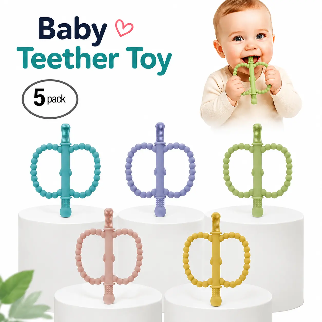 Baby Teether Toy 5 Pack, Silicone Teething Toys Apple Shape Design, Food Grade BPA Free Sensory Chew Toy, Soft Sensory Teething Toys for Infants, Easy Grip Gum Relief Toy for Babies 0-12 Months, Baby Gift