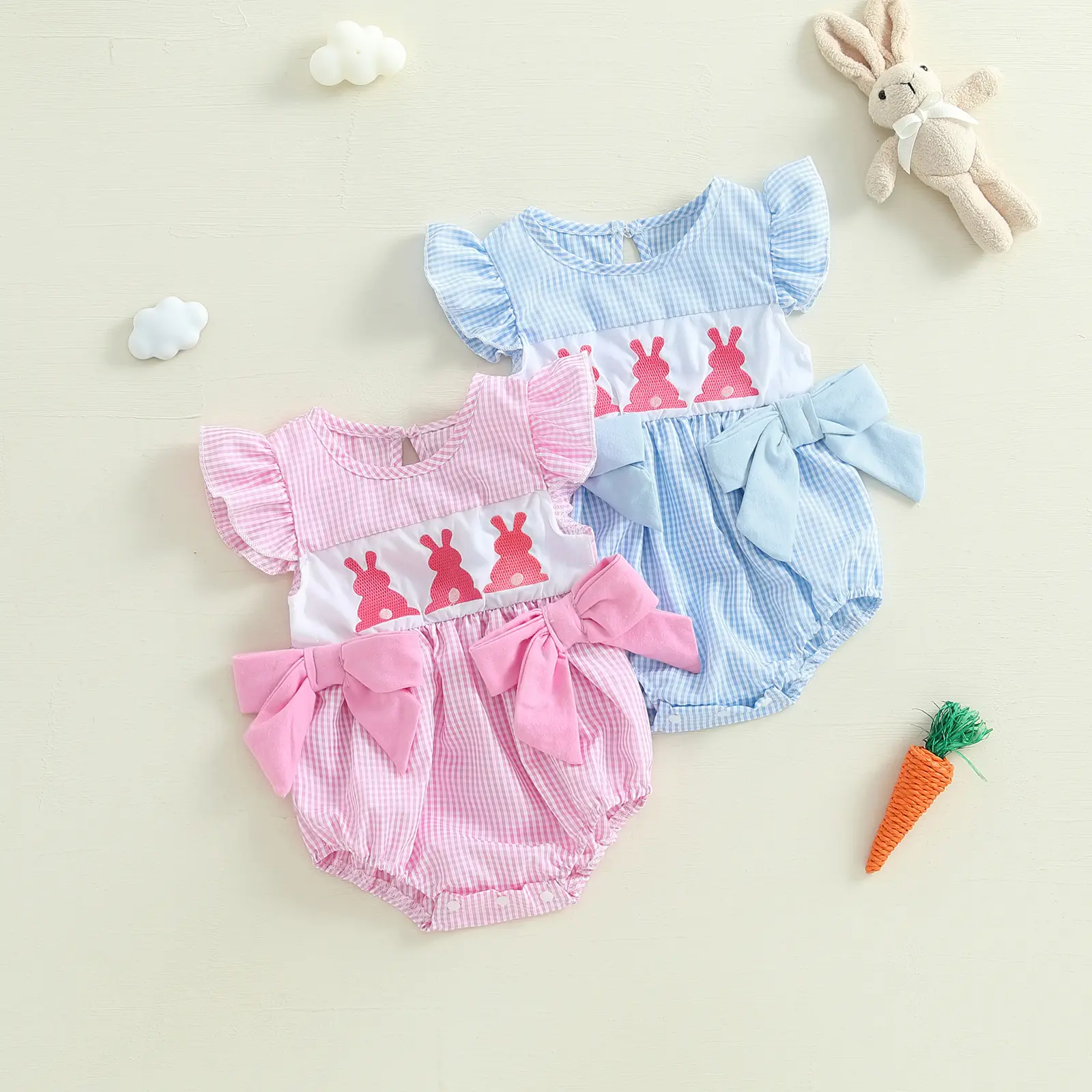 Imcute Infant Baby Girl Easter Romper Fly Sleeve Round Neck Bunny Print Bowknot Bodysuit Newborn Outfits