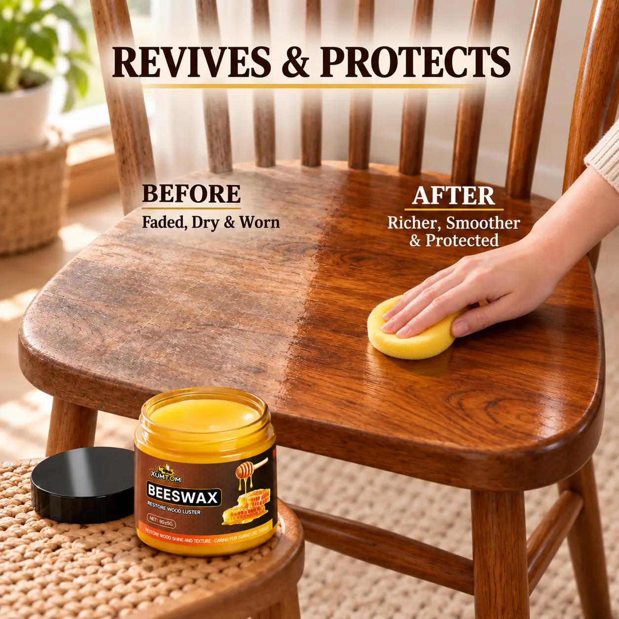 XUMTOM Wood Beeswax Furniture Polish & Wood Restorer, Natural Wood Conditioner Cleaner with Polishing Sponge, Non-Greasy Wood Care Wax for Cabinets, Tables, Kitchen Furniture & Hardwood Surfaces, Boosts Gloss & Durability