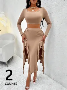 Women's Boho Bohemian Style Loose-Fitting Set, Long Sleeve Top & High Slit Skirt, Casual Daily Wear, Comfortable Fit Design