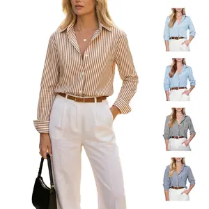 Siliteelon Striped V-Neck Button Down Shirt Women‘s Long Sleeve Low Cut Boxy Shirt for Comfy Business Casual & Chic Old Money Look January Office Outfits | Designer Style Inspo