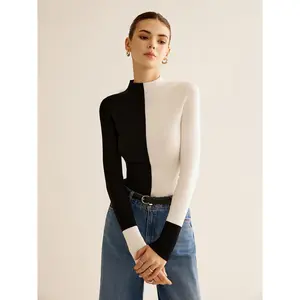 Wool-Blend Two Tone Skinny Knit Top