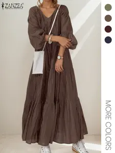 Fashion Women's Loose Casual Chic Elegance V-Neck Long Dress, Fall & Winter Basic Plain Design, Long Sleeve, Relaxed Fit, Perfect for Daily Wear