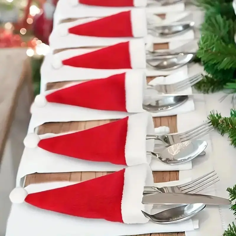 Christmas Table Decoration, 10pcs Mini Santa Hat Tableware Holder, Dining Table Centerpiece, Holiday Party Supplies for Kitchen Living Room Restaurant Bar