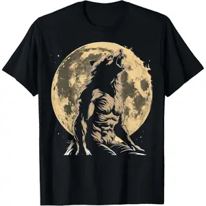 Casual Round Neck Shortsleeve Fashion Cotton Graphic Tees Streetwear Werewolf Wolf Howling Moon T-Shirt