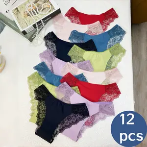 QQ 12-Piece Sexy & Playful Women's Panties | Comfortable Lace Bikini-Style Underwear, Skin-Friendly & Breathable, No Sweating or Waist Pinching for Daily Wear, Balancing Sexy Style and Daily Practicality Sheer Knicker Lingerie