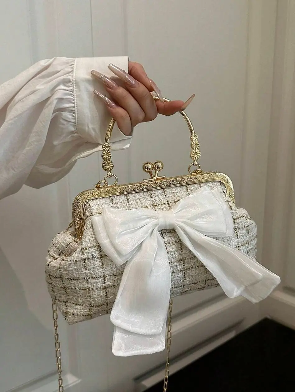 Fashion Sequin Chain Evening Bag for Women – Elegant Beige Square Clutch Purse with Bow Accent, Kiss Lock Closure, Chain Strap, Party & Wedding Handbag