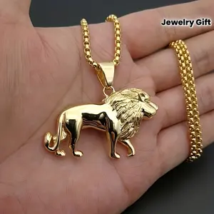 Muscular man accessories, beast golden lion animal pendant necklace, personalized design motorcycle jewelry gift