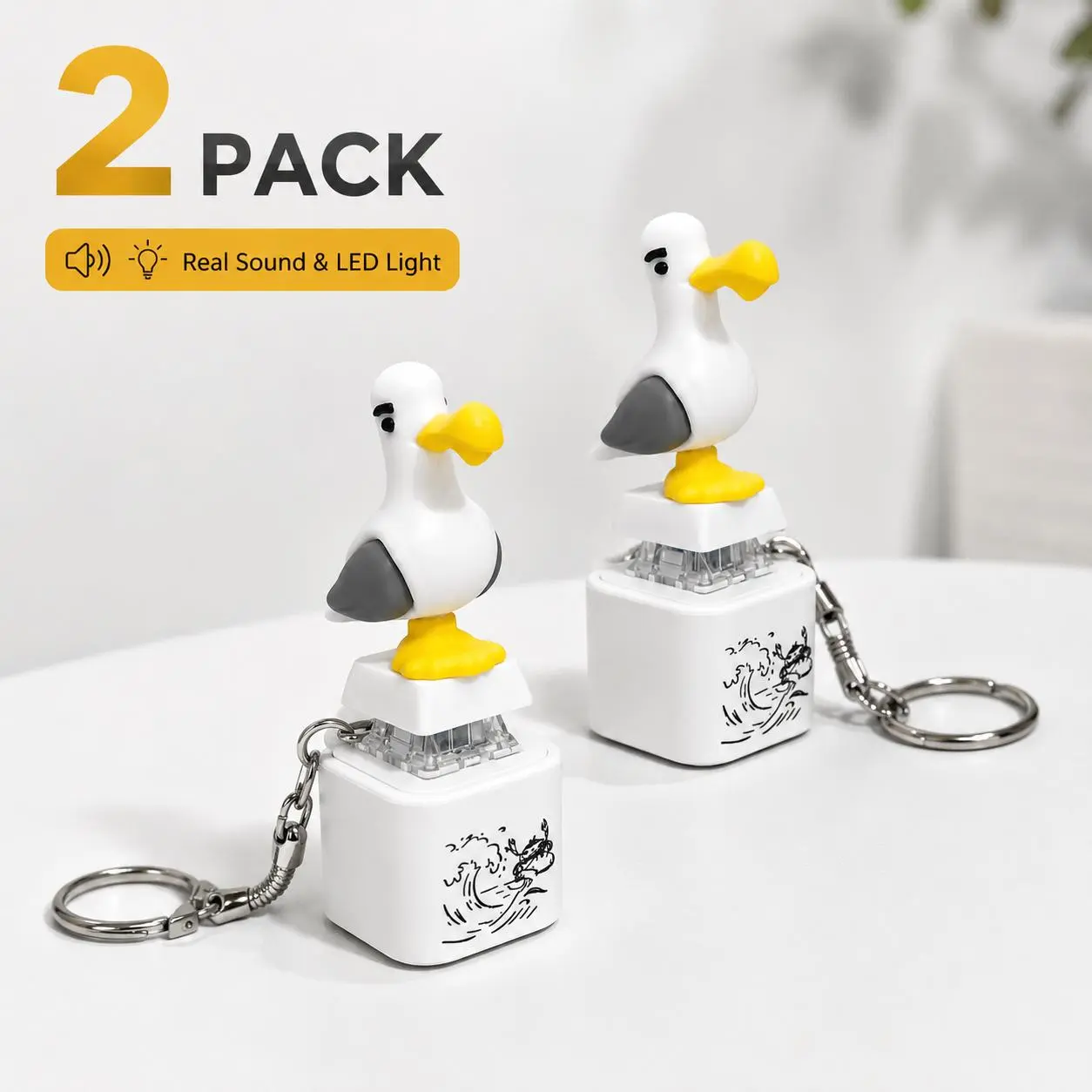 2 Pack Seagull MINE! Button Keychain with Real Sound Effect & LED Flash Light, Funny Interactive Novelty Toy Key Ring, Perfect Summer Gift for Friends Family, Summerwins