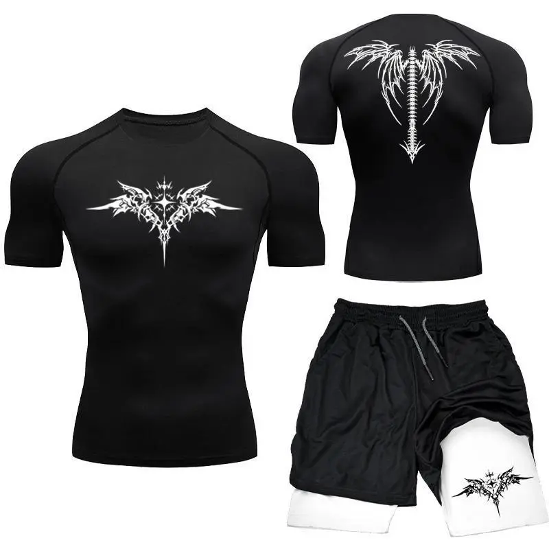 Men's 2-Piece Martial Arts Compression Set - Quick-Dry Male T-Shirts & Gym Shorts, Tight Sport Rashguard for MMA, Boxing, Running Workouts