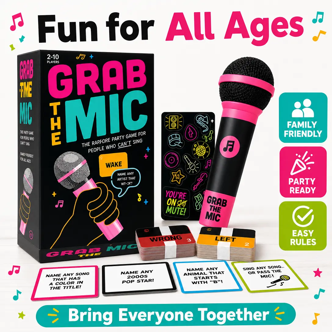 Rap Party Board Game for 2-10 Players, Music Themed Interactive Card Game With Foam Microphone, Family Friendly Easy Rule Party Game for Game Night Birthday Hangout