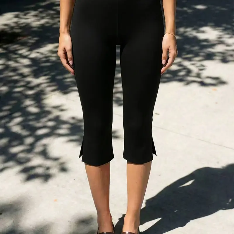Women's Black Split-Hem Capri Training Leggings, High-Waisted Stretchy Slim-Fit Leggings, Yoga Activewear, Suitable for Yoga, Everyday Casual Wear, and Sports/Fitness Activities, High Waists Leggings, Activewear Bottoms