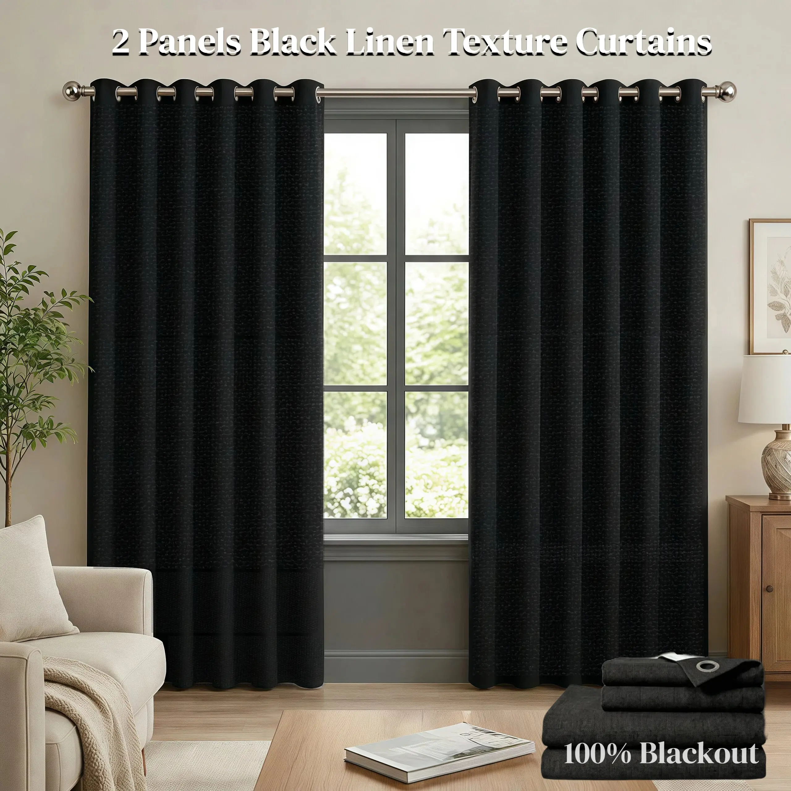 Qianli 2-Panel Linen Blend Dark Curtains Blackout - Grommet Top, Window Heat Blocker, Thermal Insulated, Noise Reducing, Wrinkle Resistant, Natural Texture, Thick Privacy Drapes for Bedroom Living Room
