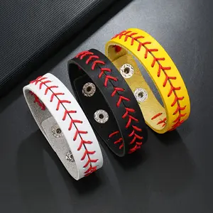 1pc Funky Korean-Style Baseball & Softball Faux Leather Wristbands - Adjustable, Non-Magnetic Bracelets in Black, White, Yellow with Sporty Design for Men, Jewelry