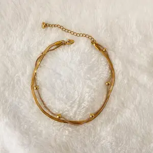 Stainless Steel 18K Gold Plated Double Layer Snake Chain Anklet – Tarnish-Free, Waterproof Summer Beach Jewelry with Gold Beads for Women and Men
