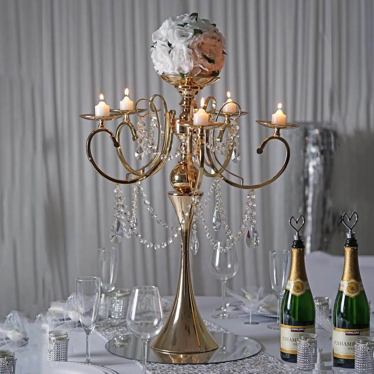 Gold Metal Candelabra - 27in 5-Arm Multi-Arm Design with Hanging Crystal Drops, 0.5in L x 0.5in W Unassembled Set, Gold Candle Holders Table Centerpiece for Events, Home Decor Decoration Items
