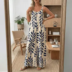 Women's Boho Tropical Print Jumpsuit, Sleeveless Wide Leg Beach Vacation Romper, Flowy One Piece Outfit