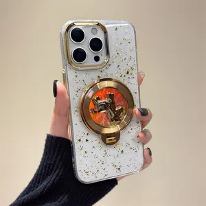 Glitter Rotating Horse Stand for Apple iPhone 16 Case, Transparent Epoxy Gold Foil 15 High-End Feel 14 Plus Protector, 13/12 Women