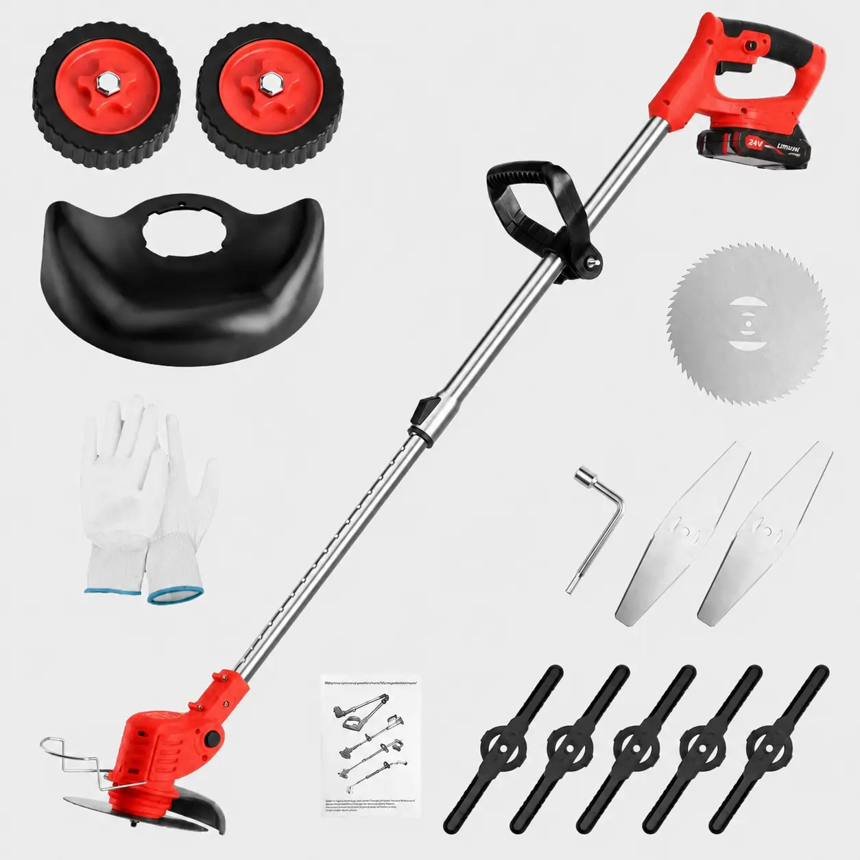Cordless String Trimmer & Brush Cutter Kit with Support Wheels, Adjustable Telescopic Shaft, Multi-Type Cutting Attachments, Battery Pack & Safety Guard for Lawn Maintenance
