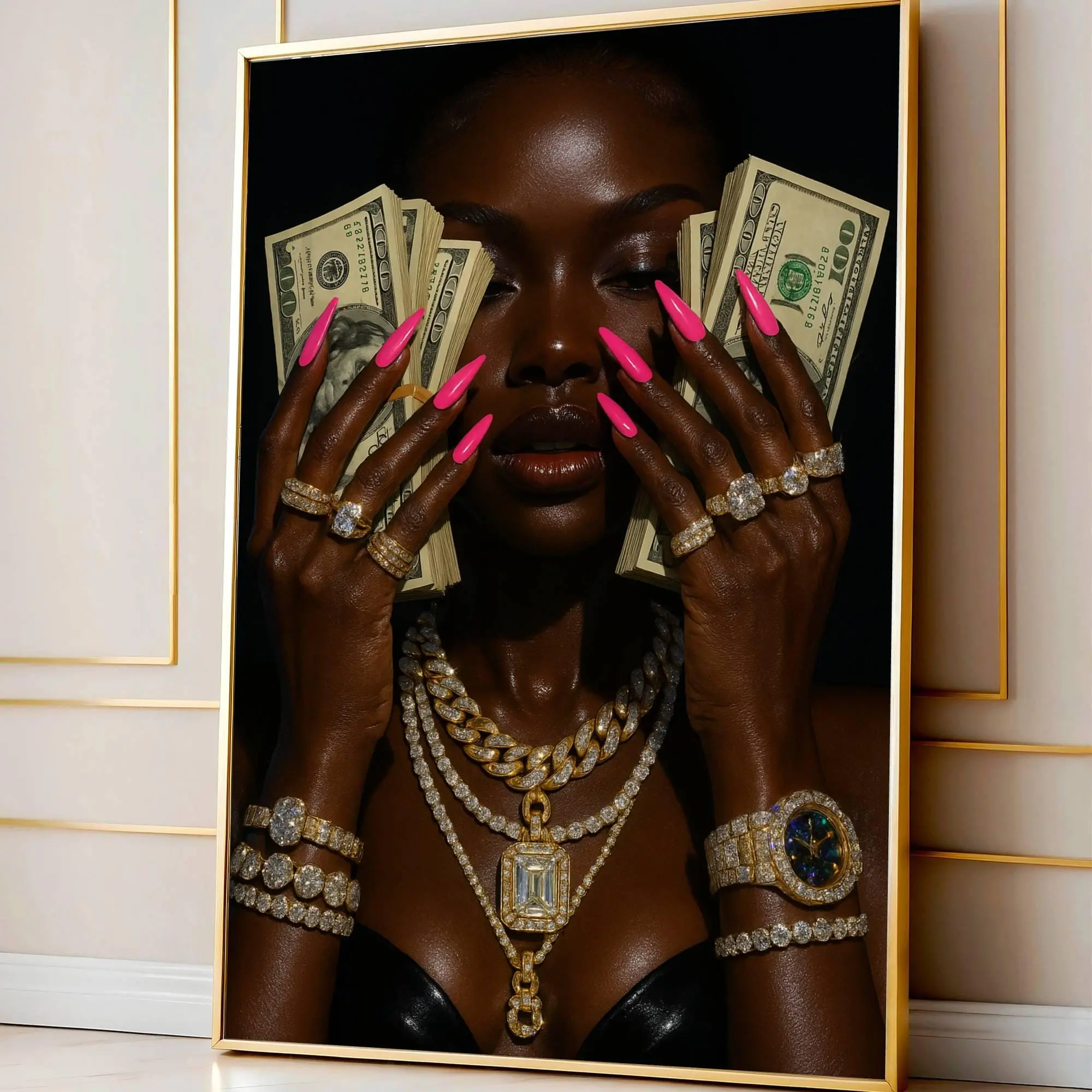 Luxury Afrocentric Black Woman Art Print, Trendy Black Girl Black Woman Art, Gold Chain, Rich Girl Decor Fashionable Glamour Chic Wall Art