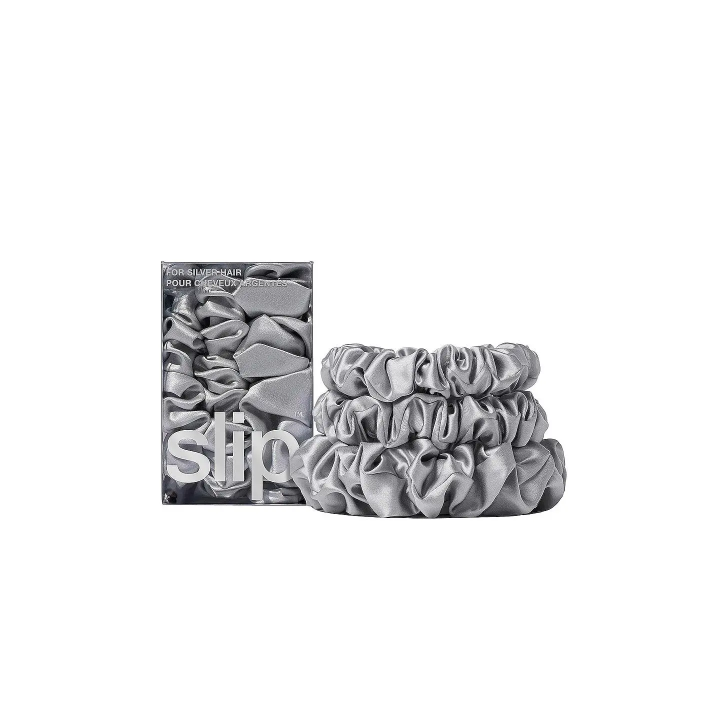 slip Midi & Large Scrunchie Set Of 3 in Silver