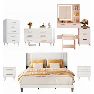 Gizoon 6-Piece Bedroom furniture Set, Queen Bed Frame, Makeup Vanity luxury with LED Mirror, 5 & 6 Drawer Dressers, 2 Nightstands, White