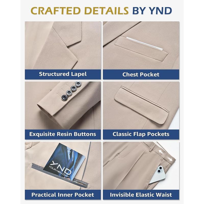 YND Men's 3 Piece Suit Set with Tie, 2 Button Slim Fit Solid Blazer Jacket Vest Pants, Business Wedding Party Suits for Men