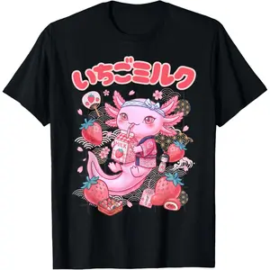 100%cotton Kawaii Axolotl Pastel Strawberry Milk Cute Japanese Anime T-Shirt