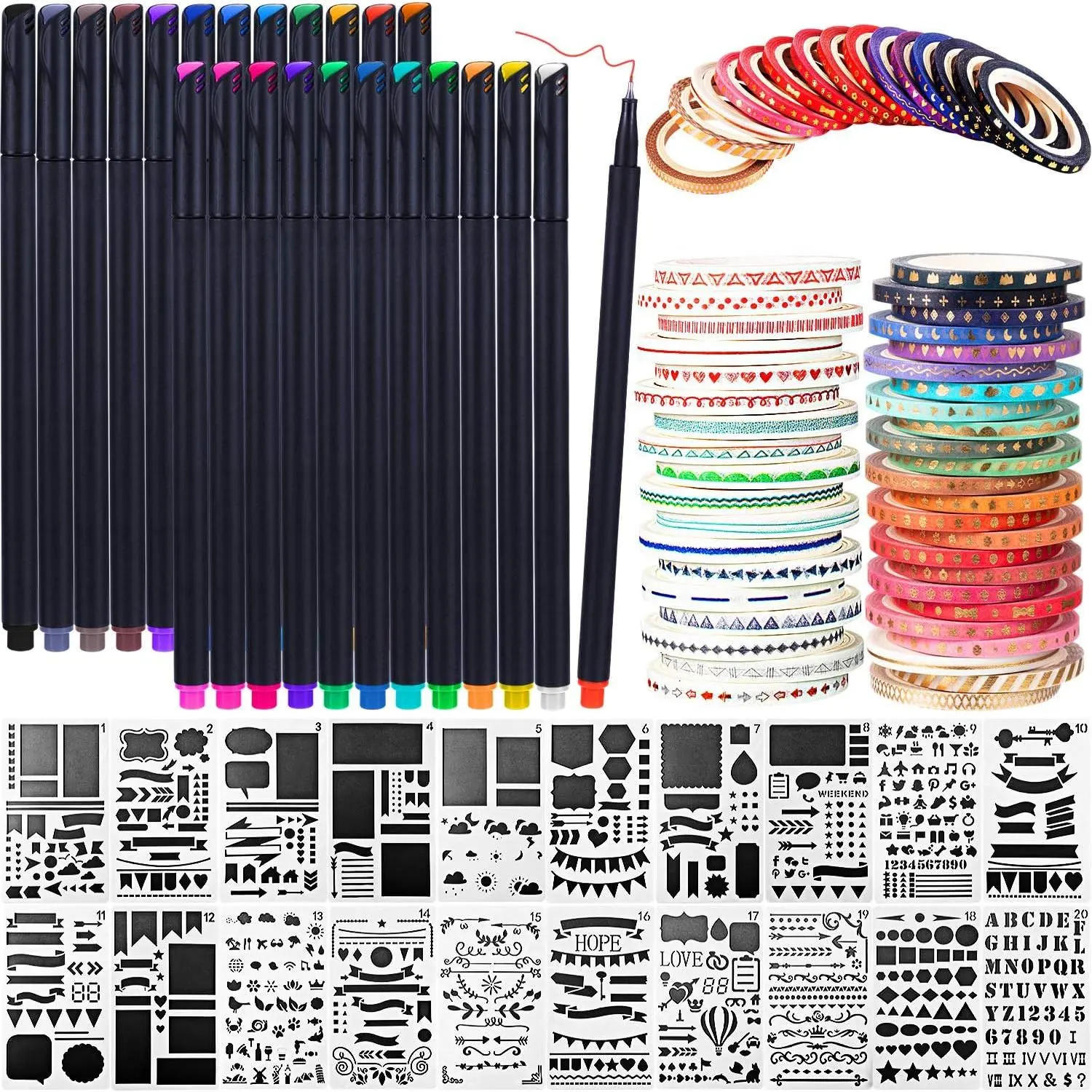 48 Pack Scrapbooking Supplies Kit Scrapbook Tools and Supplies Journal Stencil Washi Tape and Journal Planner Pen for Notebook Diary DIY Plastic Drawing Template