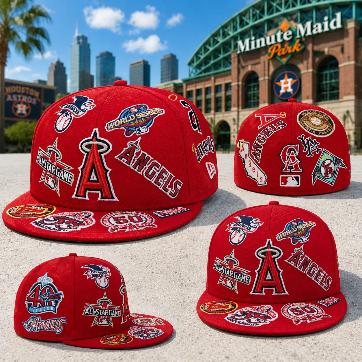 Los Angeles Angels All Over Patch 59FIFTY Fitted Hat – Red Flat Brim Embroidered MLB Baseball Cap