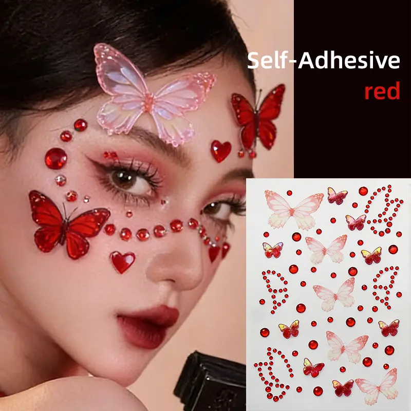 3D Red Butterfly & Heart Face Gems Stickers Red Sparkling Love Rhinestone Face Jewels Temporary Tattoo for Makeup Eye Face Body