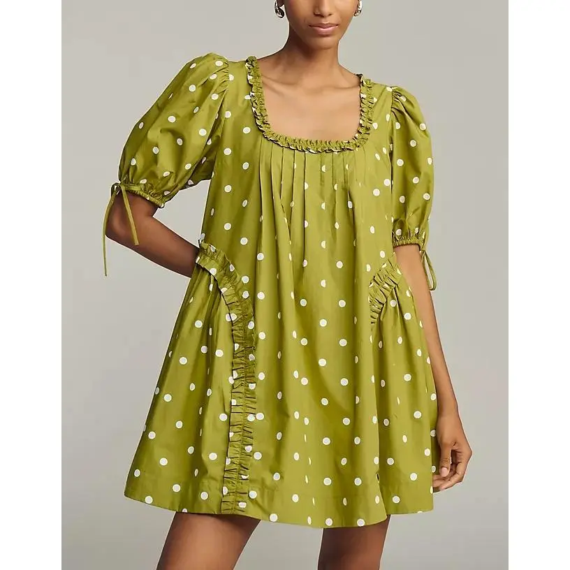 Women Square Ruffle Neck Polka Dot Mini Babydoll Dress, Puff Short Sleeve Side Ruffle Pocket Loose Shift Swing Dress, Tie Cuff Bubble Sleeve Casual A-Line Short Sundress, Lightweight Oversized Flowy Polka Dot Tunic Dress