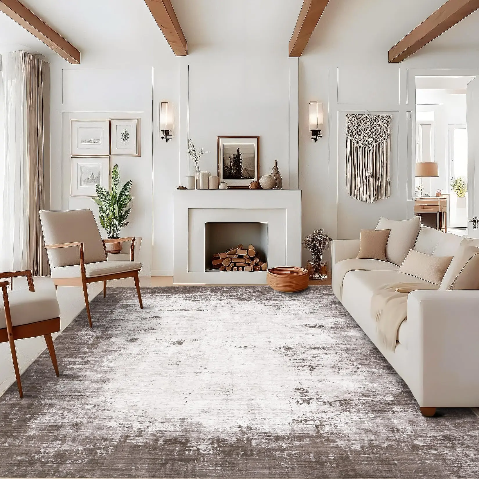 Garvee Contemporary 6x9 Area Rug, Washable Distressed Accent Carpet with Non-Shedding Low Pile, Foldable Neutral Indoor Mat for Dining Room, Living Room, Kitchen in Brown