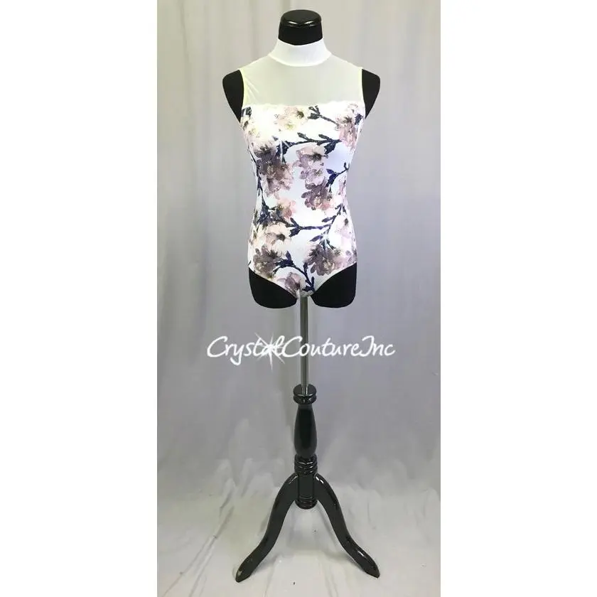 White Print Lycra Leotard with Flower and Vine Design - Swarovski Rhinestones
