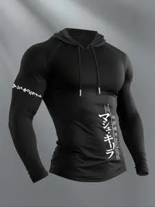Men's Vintage Anime Graphic Compression Long Sleeve Hoodie, Retro Japanese Streetwear Fashion, Premium Stretch Comfortable Material, Slim Fit Silhouette, Suited for CrossFit, Running & Modern Urban Style, Great for Otaku Fitness Enthusiasts