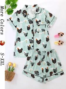 Chicken Cartoon Satin Pajama Set Women, Funny Farm Print Sleepwear, Short Sleeve Button Top Shorts, Cute Cozy Lounge Outfit Gift Idea