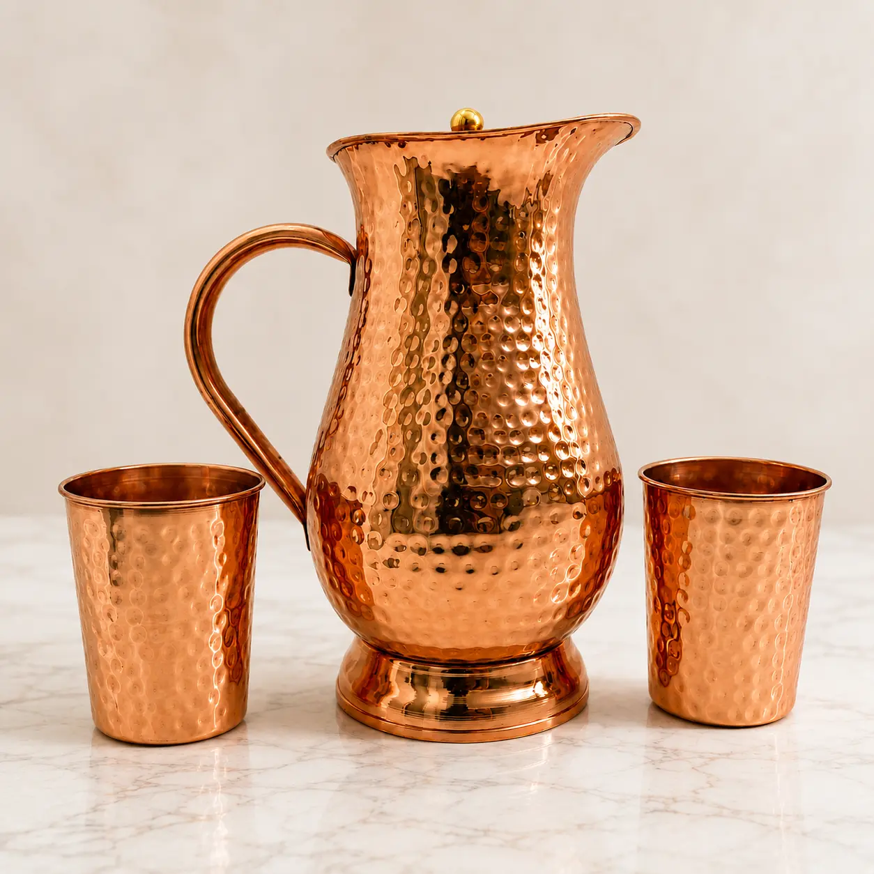 Pure Copper Water Pitcher Set with 2 Hammered Tumblers, 1.5 Liter Copper Jug with Lid, Handmade Copper Drinkware Set