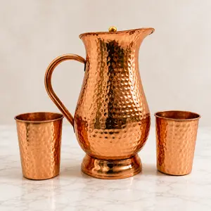 Pure Copper Water Pitcher Set with 2 Hammered Tumblers, 1.5 Liter Copper Jug with Lid, Handmade Copper Drinkware Set
