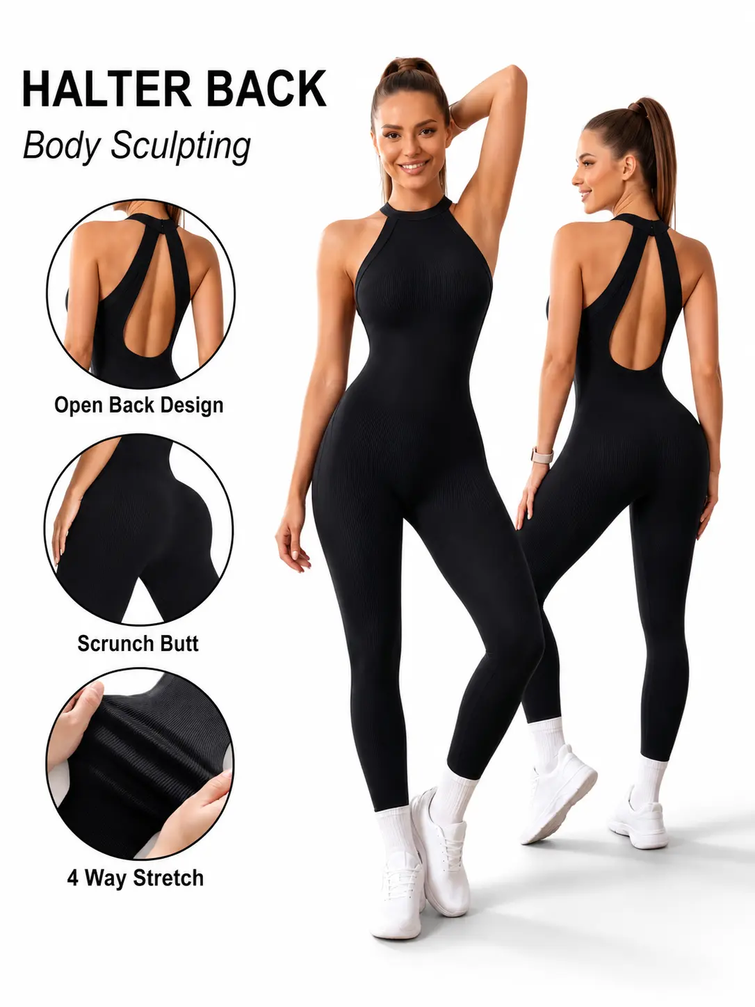 YMZFIT  Women's athletic jumpsuits, long, form-fitting yoga jumpsuits, sleeveless jumpsuits, stretchy jogging jumpsuits