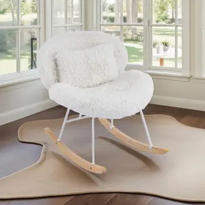 VINGLI 25.6" Extra Wide Nursery 115° Armless Rocking Chair, Curved Cute Cross-Legged Glider Chair with Pillow & Solid Wood, Nursing Chair for Bedroom, Living Room, Fluffy Fleece, White Cream