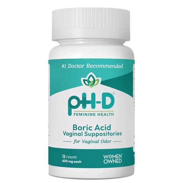 pH-D Feminine Health Support - 600 mg Boric Acid Suppositories - Woman Owned - for Vaginal Odor Use - 12 Count